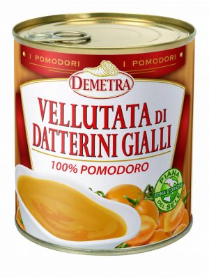 DEMETRA PURÉE OF YELLOW DATTERINO 800g TIN. 100% yellow Datterino tomatoes from the Piana del Sele, with a creamy consistency and a sweet taste.