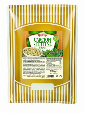 DEMETRA SLICED SAUTEED ARTICHOKES 1.7kg Pouch. Thinly sliced artichokes sautéed with oil and herbs. Ideal for pizzas topping or in salads.