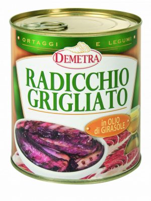 DEMETRA GRILLED RADICCHIO 760g TIN. Selected Treviso radicchio, grilled and preserved in sunflower oil. An excellent consistency, suitable for making antipastos and creative mixed salads.