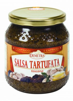 DEMETRA TRUFFLE SAUCE TOSCANA 580g JAR. Cream of diced champignon mushrooms and black olives, with black truffle shavings, blended with oil. Excellent for canapés, bruschetta and truffle dishes.
