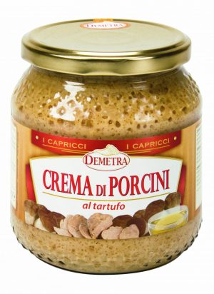 DEMETRA PORCINI W/WHITE TRUFFLE 580g JAR. Cream of porcini mushrooms enriched with white truffle. With an intense flavour and aroma, a little of this goes a long way – particularly in risottos and pasta dishes of all kinds. Excellent for savoury pastries.