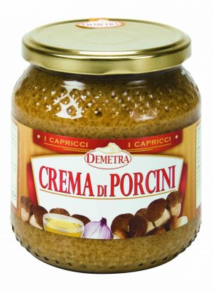 DEMETRA PORCINI CREAM 580g JAR. Cream of porcini mushrooms made with cooking finely minced porcini with fresh herbs. A pasta sauce and base for soups, bruschetta or pizza topping, or filling for focaccia and savoury pastries.