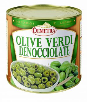 DEMETRA PITTED GREEN OLIVES 2.5kg TIN. Small green olives, graded, pitted and preserved in lightly salted water. Ideal in cocktails, tomato sauces, pizzas and salads.