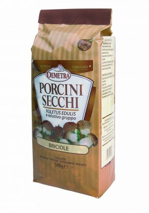 DEMETRA DRIED PORCNI MUSHROOMS BRICIOLE 500g. Selected dried porcini mushrooms pieces, to be used rehydrated in risottos, main courses and any recipes that can be enriched with the intense flavour of porcini mushrooms.