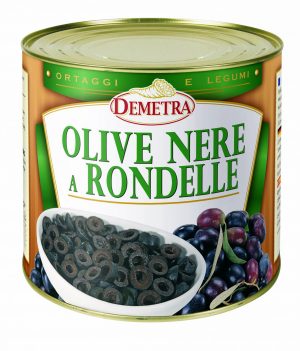 DEMETRA SLICED BLACK OLIVES 2.5kg TIN. Small black olives, sliced and preserved in lightly salted water. Ideal for all types of dishes – pasta and main courses, pizzas, salads and all kinds of savoury pastries.