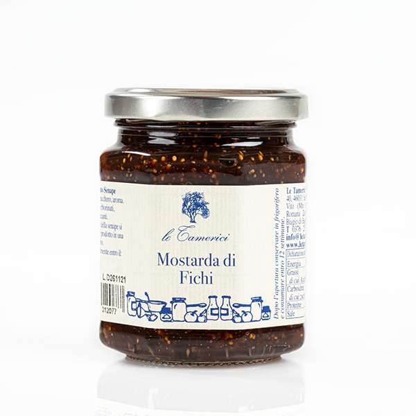 LE TAMERICI FIG MUSTARD 6x900g. Made with black figs (fico Turco) grown in the centre of Italy by a specialized Company. Ingredients: figs, sugar, mustard flavouring.
