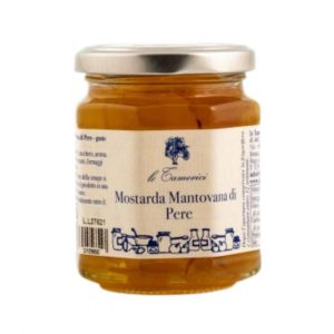 LE TAMERICI PEAR MUSTARD 6x220g. Made with the Williams variety pear coming from the I.G.P. area of Mantova, that’s a typical mostarda which has always been used in pairing with boiled meats, Salame Mantovano and Grana Padano.