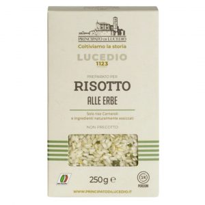 PRINC.DI LUCEDIO RISOTTO MIX & HERBS 9x250g. Carnaroli rice, herbs in a variable proportion (basil*, chives*, rocket*),onion*, garlic*.*Dehydrated or freeze-dried products