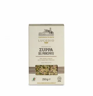 PRINC.DI LUCEDIO RISOTTO ZUPPA 9x250g. Ribe wholegrain rice, spelt, chickpeas, Borlotti beans, Cannellini beans, carrot*, celery*, basil*, onion*, garlic*.*Dehydrated or freeze-dried products.