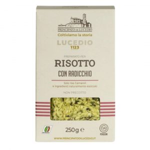 PRINC.DI LUCEDIO RISOTTO RED CHICORY 9x250g. Carnaroli rice, spinach*, red chicory*, leek*, celery*, turmeric*.*Dehydrated or freeze-dried products.