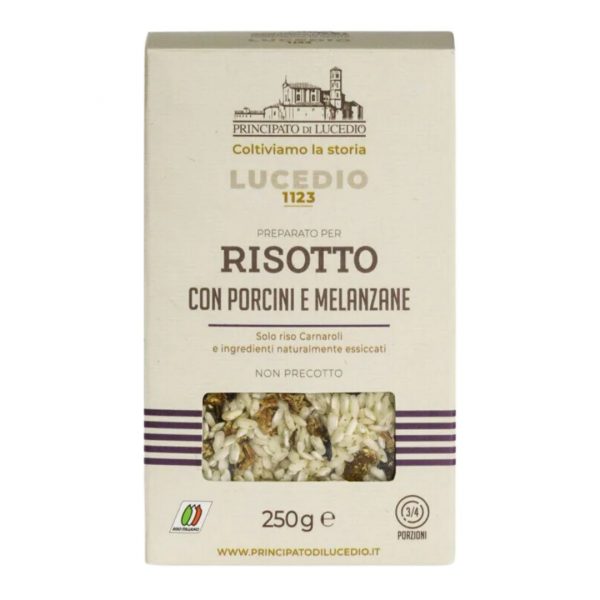 PRINC.DI LUCEDIO RISOTTO PORCINI/AUBER 9x250g. Carnaroli rice, porcini mushrooms*, aubergine*, marjoram*, garlic*.*Dehydrated or freeze-dried products.