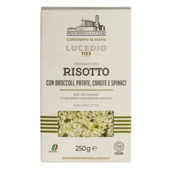 PRINC.DI LUCEDIO RISOTTO BROCCOLI 9x250g. Carnaroli rice, potatoes*, broccoli*, carrots*, celery*, spinach*, garlic*.*Dehydrated or freeze-dried products