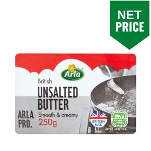 ARLA UNSALTED BUTTER 40x250g. Made with 100% British milk & cream for a smooth, unsalted butter that’s deliciously versatile in the kitchen.